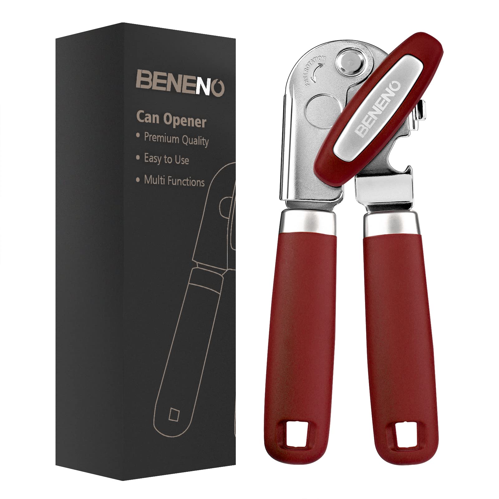 Can Opener Manual, Can Opener with Magnet, Hand Can Opener with Sharp Blade Smooth Edge, Handheld Can Openers with Big Effort-Saving Knob, Can Opener with Multifunctional Bottles Opener, Red