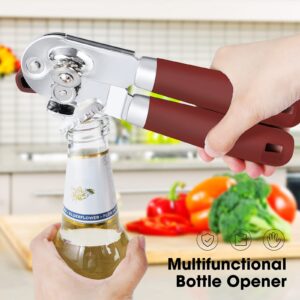 Can Opener Manual, Can Opener with Magnet, Hand Can Opener with Sharp Blade Smooth Edge, Handheld Can Openers with Big Effort-Saving Knob, Can Opener with Multifunctional Bottles Opener, Red