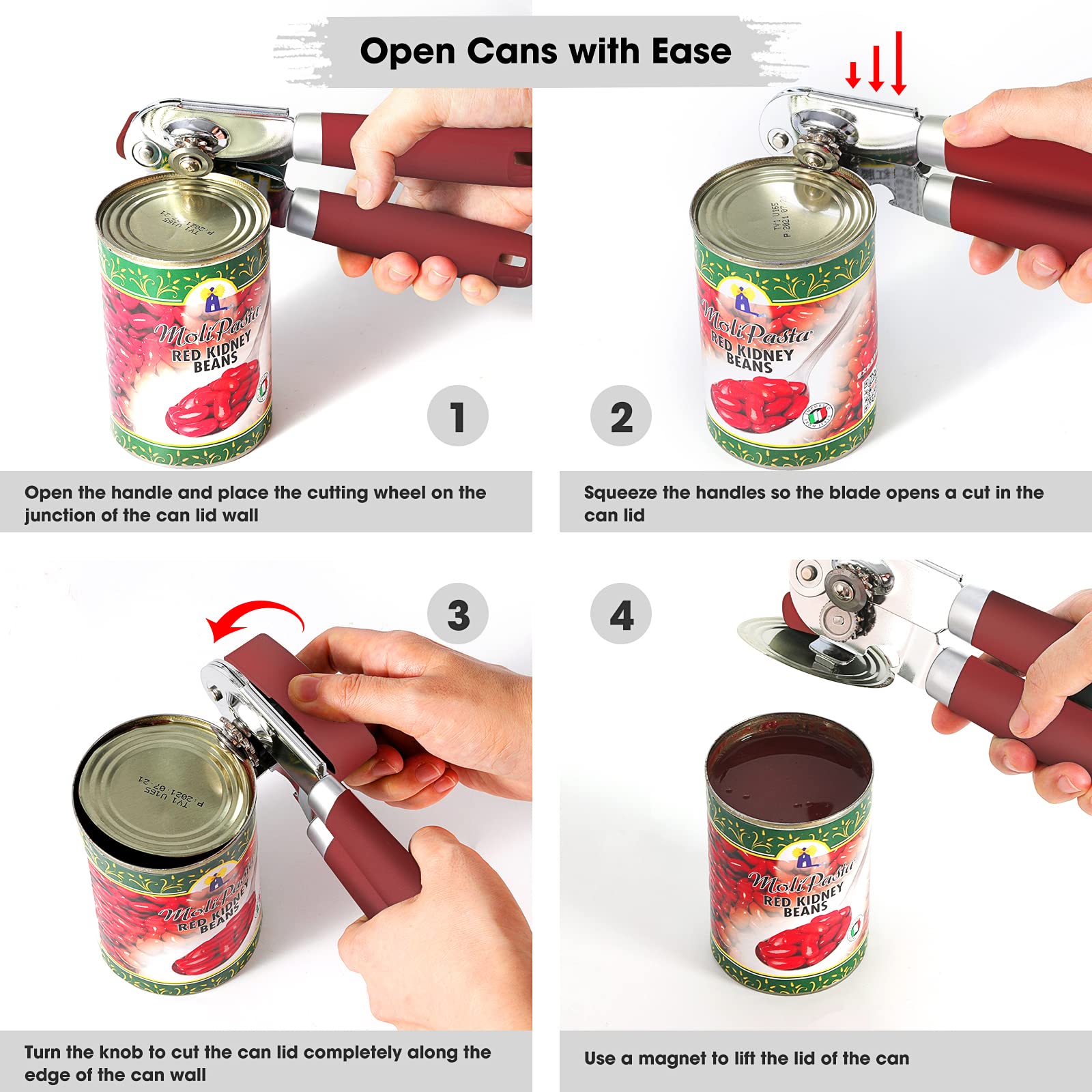 Can Opener Manual, Can Opener with Magnet, Hand Can Opener with Sharp Blade Smooth Edge, Handheld Can Openers with Big Effort-Saving Knob, Can Opener with Multifunctional Bottles Opener, Red