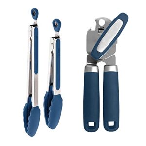 gorilla grip silicone tongs set of 2 and manual can opener, silicone tongs are 9 and 12 inch, can opener includes built in bottle opener, both in blue color, 2 item bundle