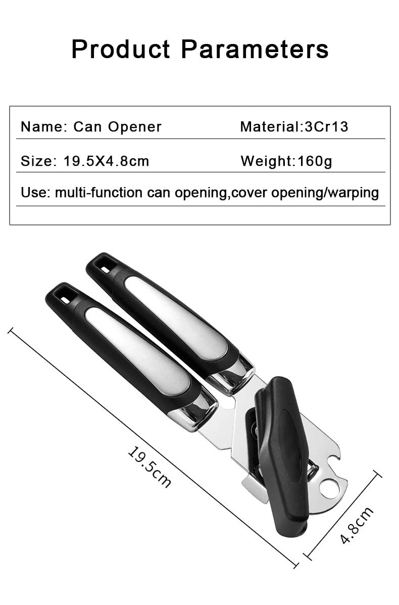 ANDILL Can Opener Manual, Good Grips Anti-slip Hand Grip, Stainless Steel Sharp Blade, with Large Turn Knob, Black/Silver, 8.26 x 2.36 x 2