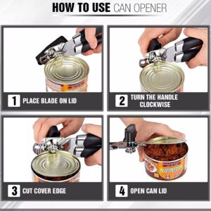 ANDILL Can Opener Manual, Good Grips Anti-slip Hand Grip, Stainless Steel Sharp Blade, with Large Turn Knob, Black/Silver, 8.26 x 2.36 x 2