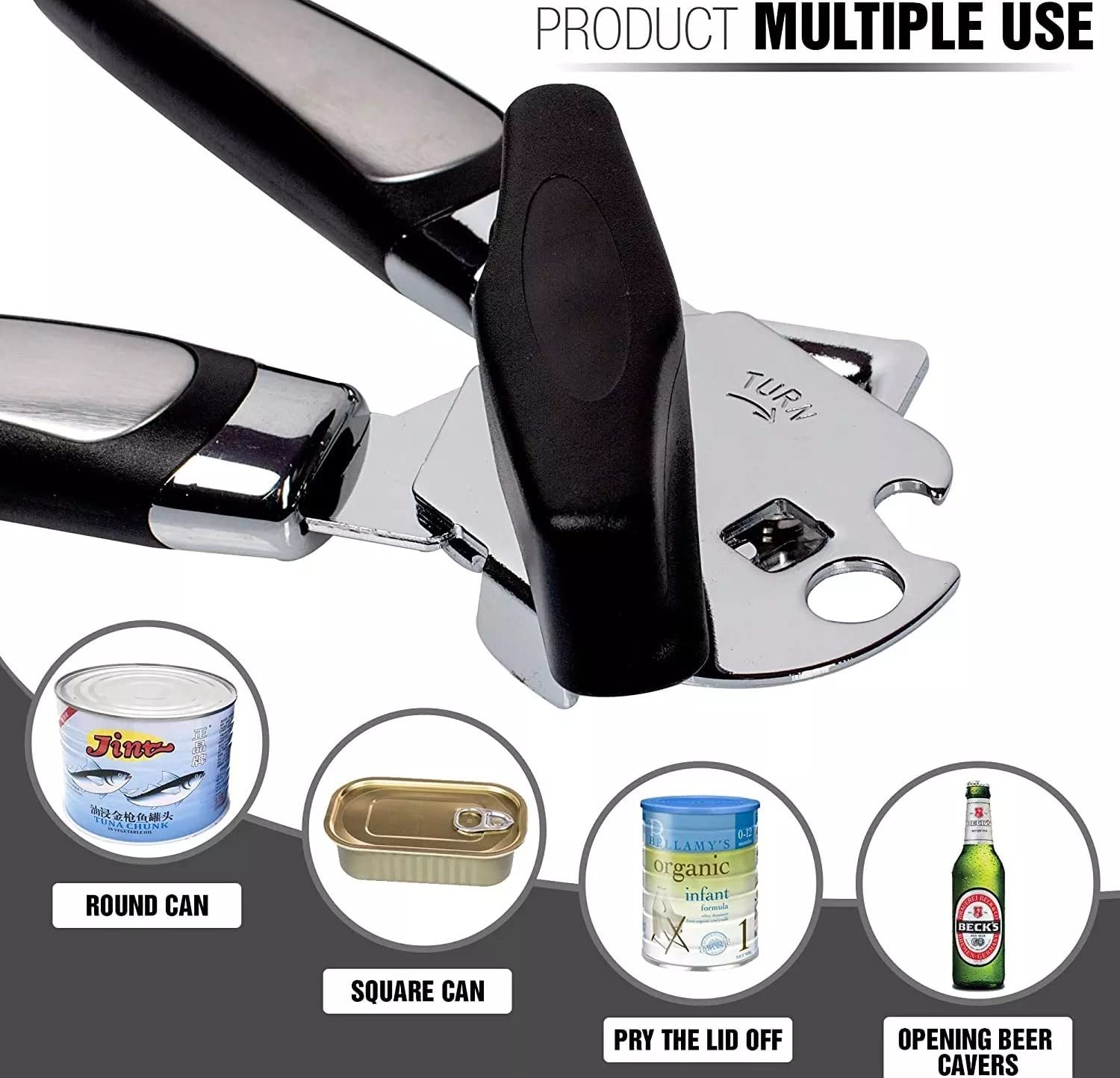 ANDILL Can Opener Manual, Good Grips Anti-slip Hand Grip, Stainless Steel Sharp Blade, with Large Turn Knob, Black/Silver, 8.26 x 2.36 x 2