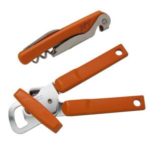 left-handed manual can opener & corkscrew set, orange handle