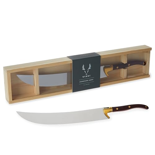 Viski Champagne Saber Champagne Knife Bottle Opener in Wood Box, Entertaining Gifts Wine Saber Sword, Stainless Steel with Wood Handle Set of 1