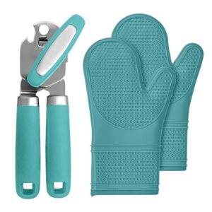 gorilla grip manual can opener and silicone oven mitts, manual can opener includes built in bottle opener, oven mitts are 14.5 inch, both in turquoise color, 2 item bundle