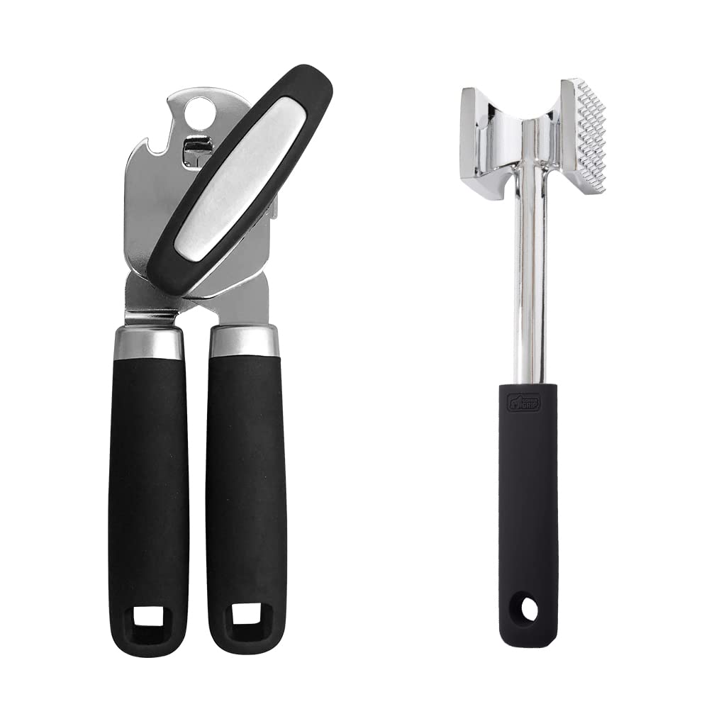 Gorilla Grip Hand Held Can Opener and Meat Tenderizer, Large Lid Openers Rust Proof, Heavy Duty Meat Tenderizer Soft Grip Handle, Both in Black, 2 Item Bundle