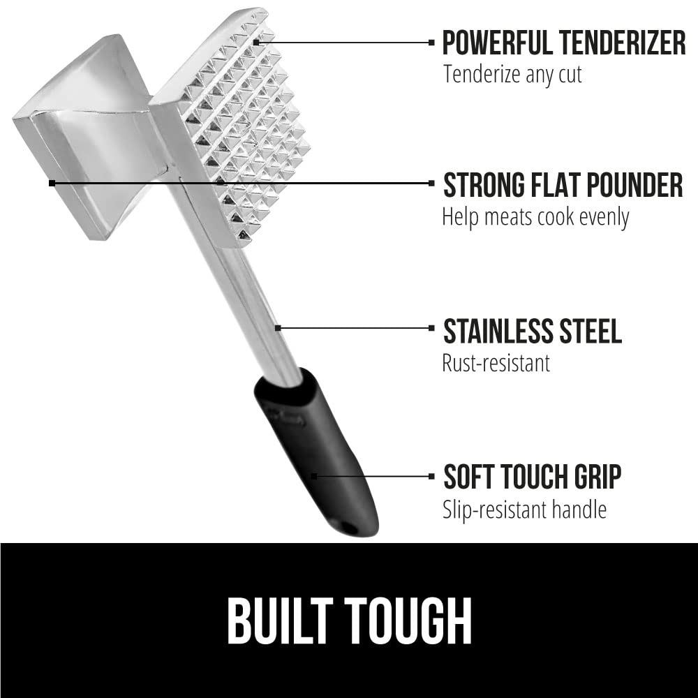 Gorilla Grip Hand Held Can Opener and Meat Tenderizer, Large Lid Openers Rust Proof, Heavy Duty Meat Tenderizer Soft Grip Handle, Both in Black, 2 Item Bundle