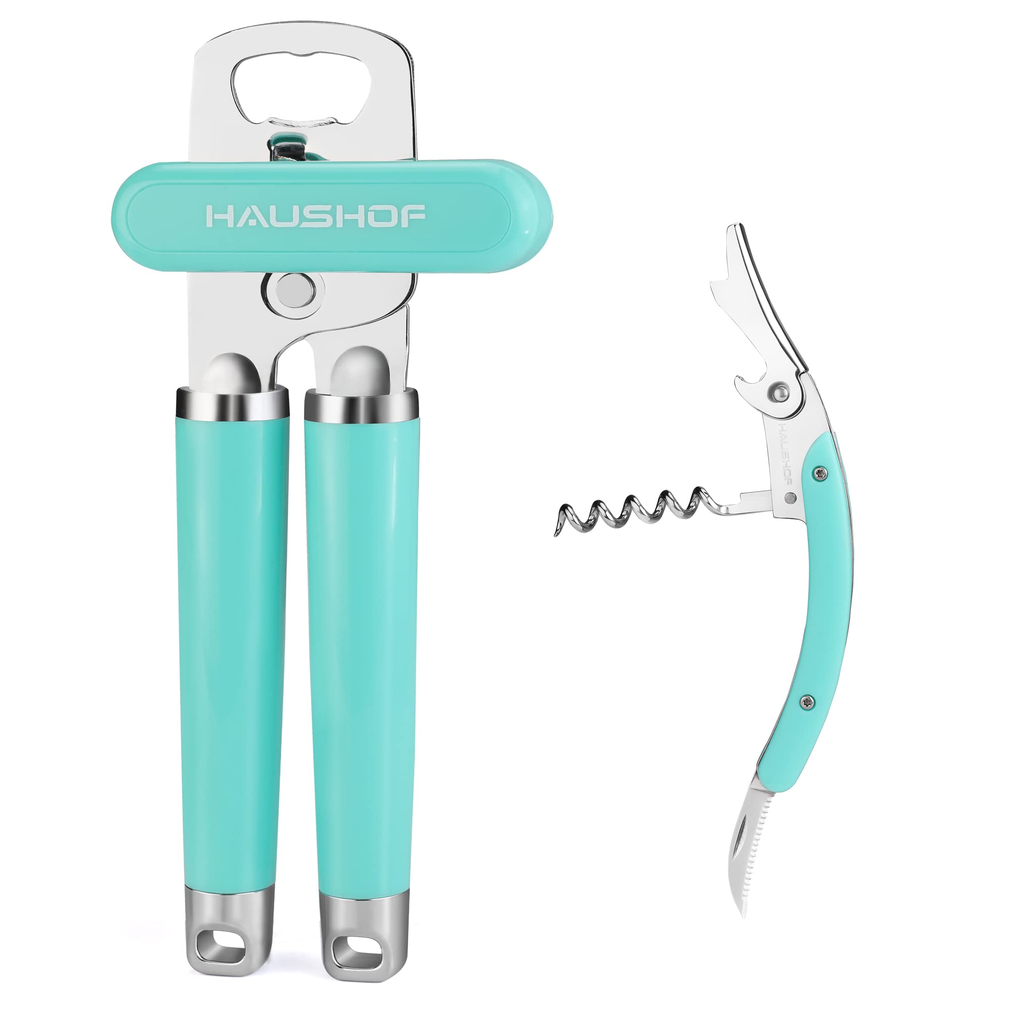 HAUSHOF 2PC Multifunctional Can Opener Set, Can Opener Manual with Comfortable Grip and Sharp Blade, Built in Bottle Opener, Wine Opener