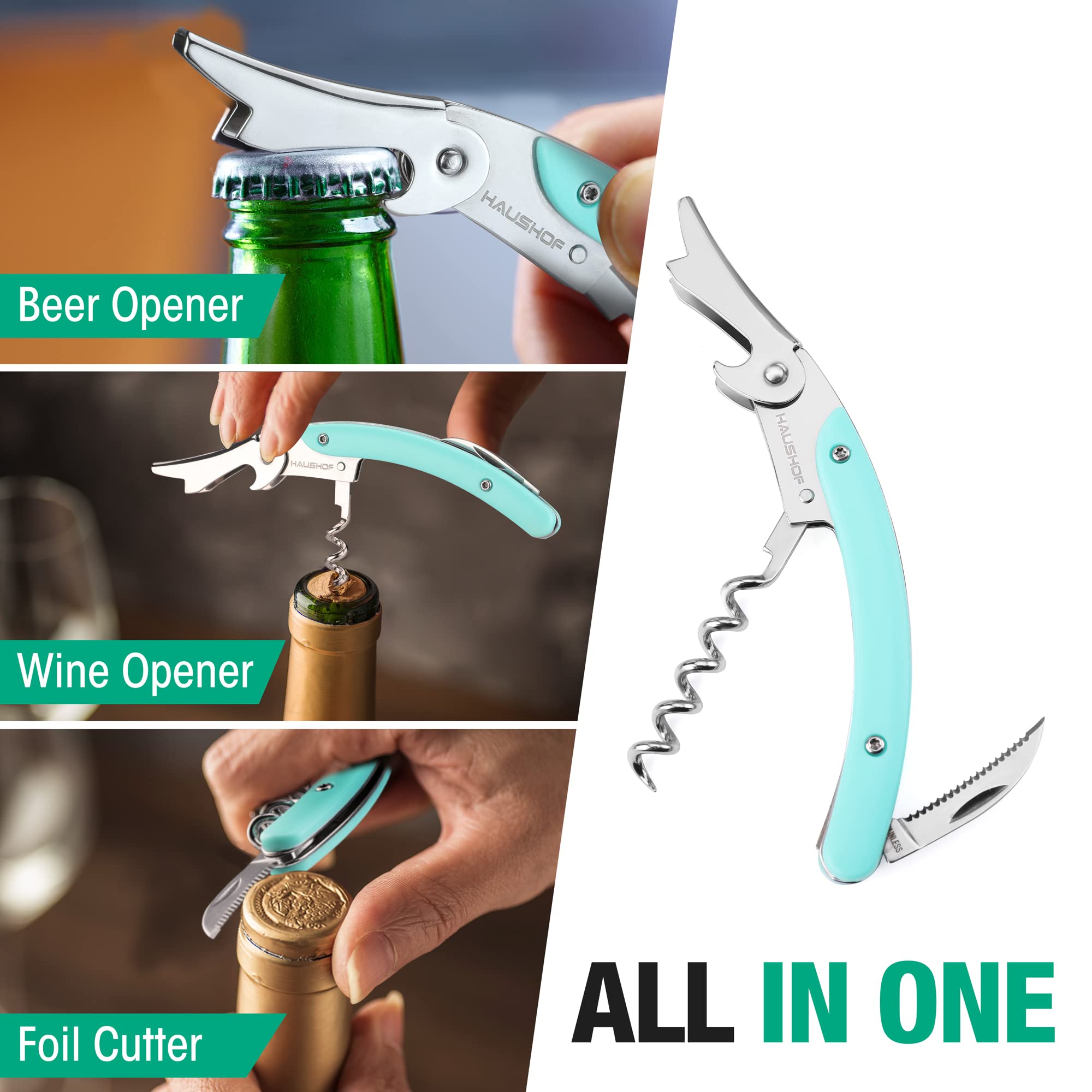 HAUSHOF 2PC Multifunctional Can Opener Set, Can Opener Manual with Comfortable Grip and Sharp Blade, Built in Bottle Opener, Wine Opener