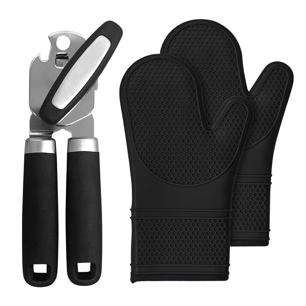 Gorilla Grip Manual Can Opener and Silicone Oven Mitts, Manual Can Opener Includes Built In Bottle Opener, Oven Mitts are 14.5 Inch, Both in Black Color, 2 Item Bundle