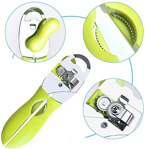 Can Opener, 4 in 1 Manual Can Opener Multifunctional Heavy Duty Handheld Can Openers with Comfy Grip Food-Safe Stainless Steel, Smooth Edge for Elderly with Arthritis