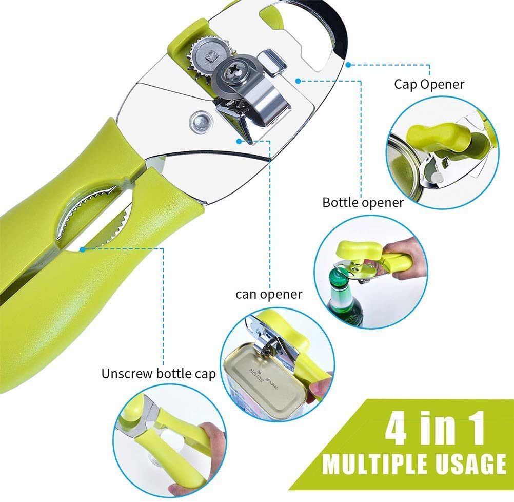 Can Opener, 4 in 1 Manual Can Opener Multifunctional Heavy Duty Handheld Can Openers with Comfy Grip Food-Safe Stainless Steel, Smooth Edge for Elderly with Arthritis