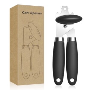 jiaying can opener with oversized turn knob and easy to grip with comfortable soft handle,the manual handheld can opener, sharp cutting wheel built-in bottle opener—black