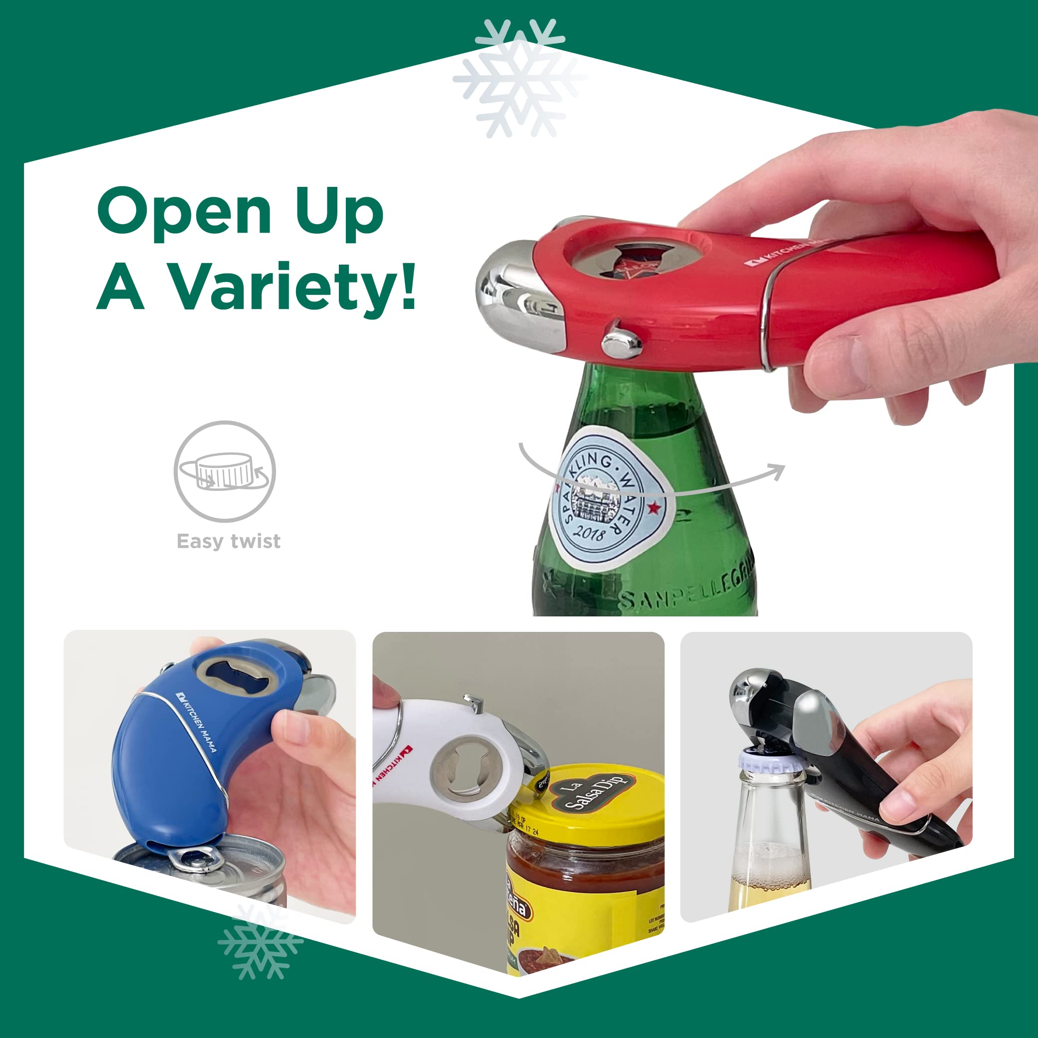 Kitchen Mama Infinite Openings Collection: One-To-Go Series, Patented Titled Blade Opens Any Can Shape, Smooth Edge, and Epic One Opener: Magnetic, Opens Bottle, Beer, Pull Tab Cans, and Jars (White)