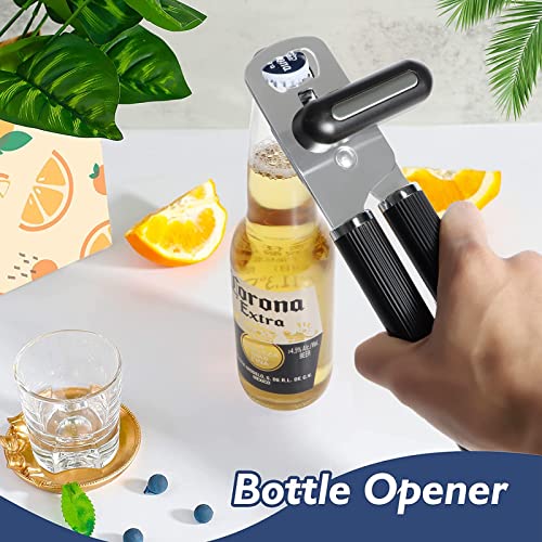 Can Opener Manual, Vertical Grain Non-slip Soft Handle Stainless Steel Handheld Can Opener, Can Opener with Ergonomic Hand Grip and Larger Turning Knob, Built in Bottle Opener