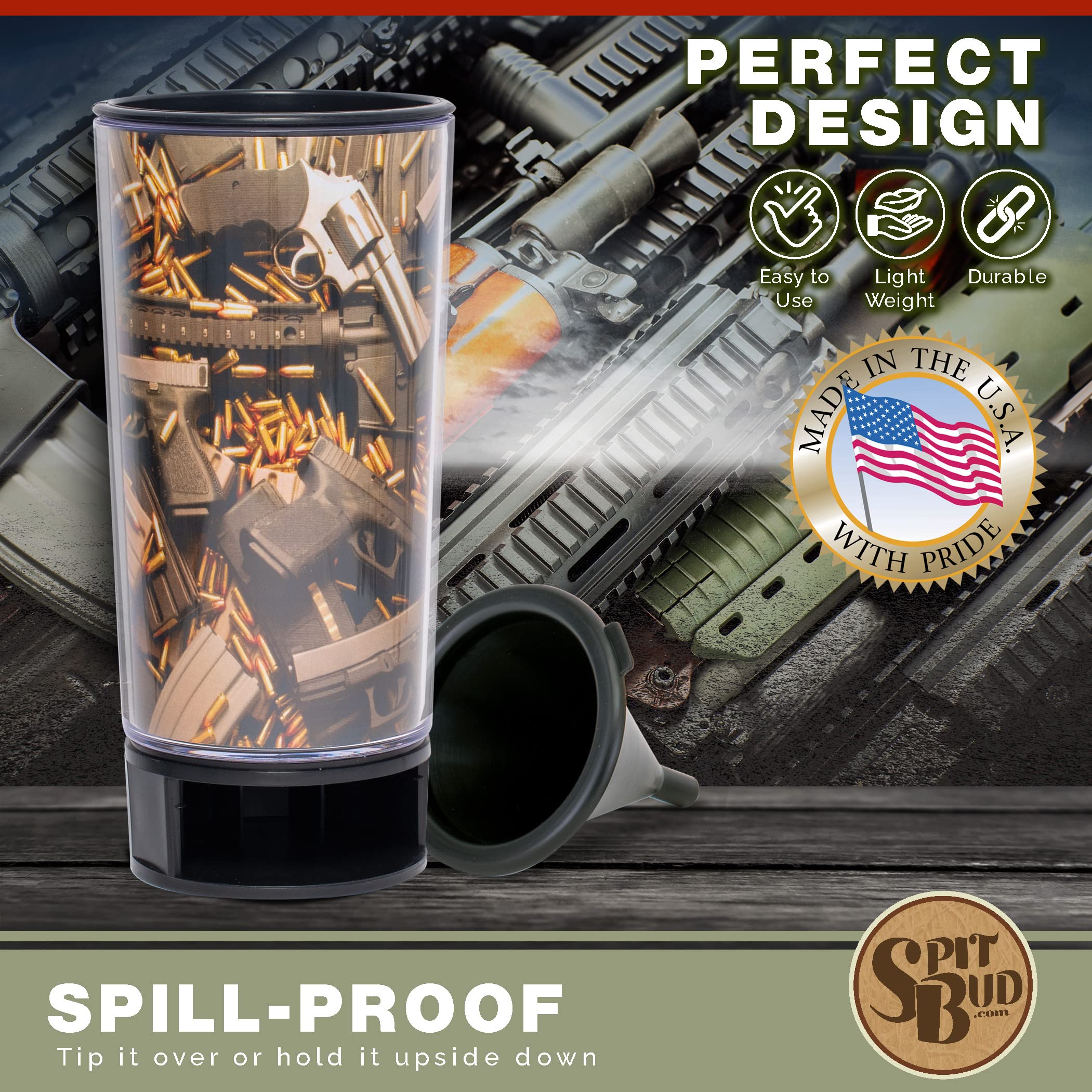 Guns and Ammo by Spit Bud - The Ultimate Spittoon for Chew - Portable Dip & Snuff Cup with Lid, Pop Tab, Spill-Proof Funnel, Can Cutter & Holder - Fit in Cup Holders - Holds 8oz - Made in USA