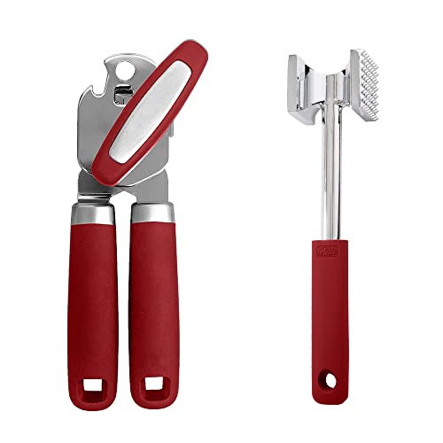 Gorilla Grip Hand Held Can Opener and Meat Tenderizer, Large Lid Openers Rust Proof, Heavy Duty Meat Tenderizer Soft Grip Handle, Both in Red, 2 Item Bundle