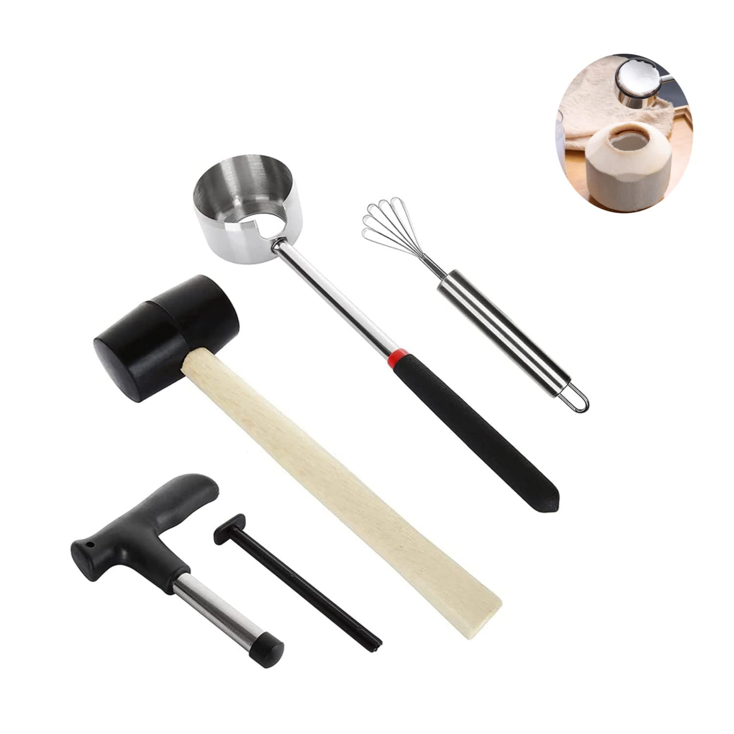 KEXINGTUO Coconut Grater Tool Set for Safe & Easy to Use Opening with Meat Removal Scraper,Rubber Hammer,Hole Maker Puncher Young Coconut Stainless Opener Kit