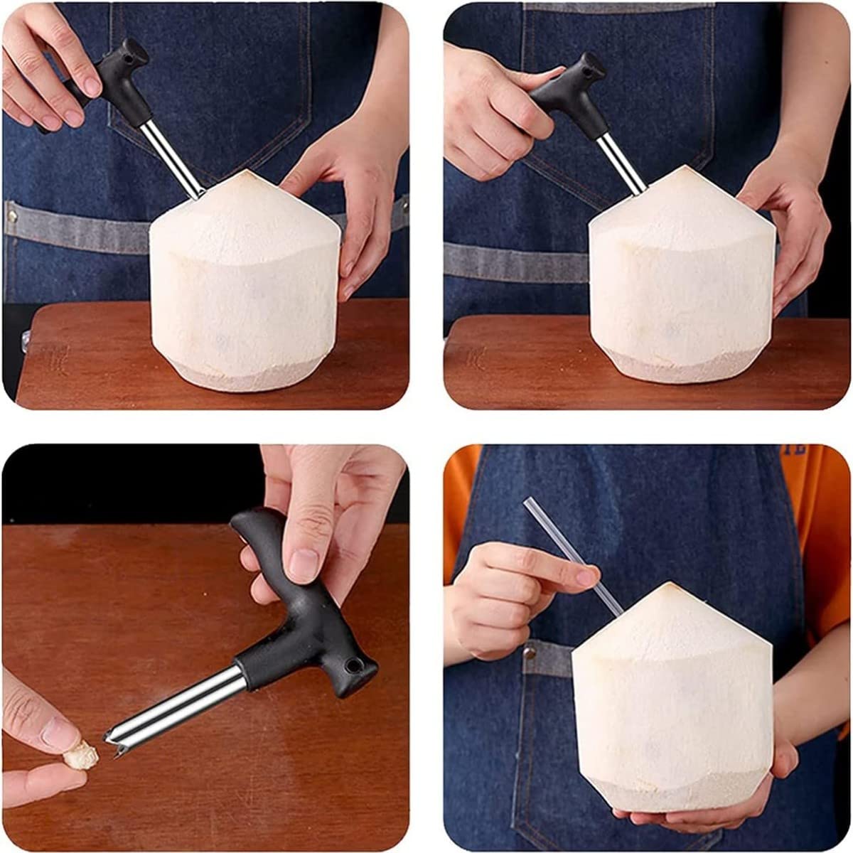 KEXINGTUO Coconut Grater Tool Set for Safe & Easy to Use Opening with Meat Removal Scraper,Rubber Hammer,Hole Maker Puncher Young Coconut Stainless Opener Kit