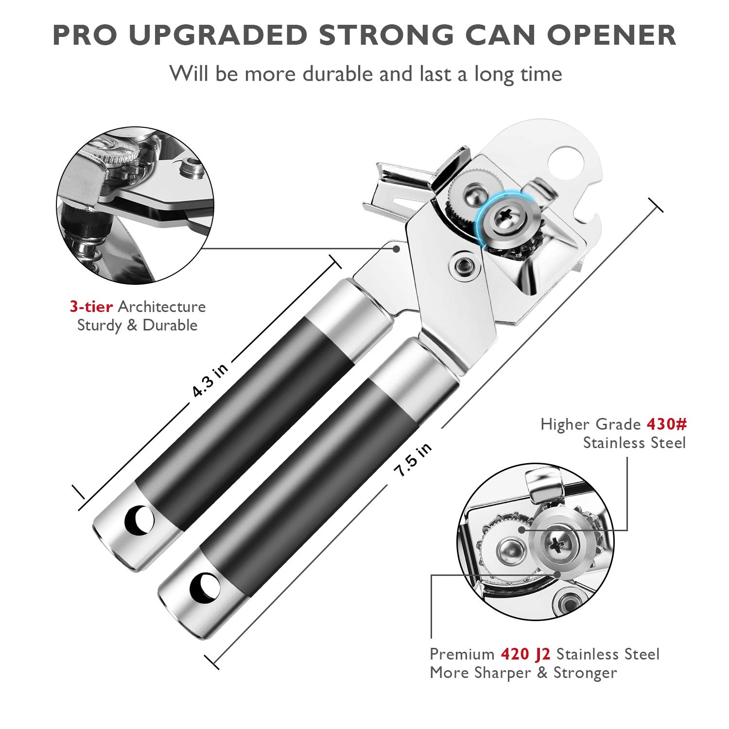 LDIRECTOR Can Opener, Manual Can Opener Smooth Edge, 3-in-1 Stainless Steel Can Opener Manual, Ergonomic Safety Can Opener for Seniors with Arthritis,Black, Silver