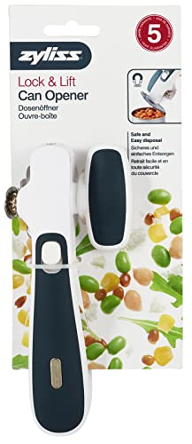 Zyliss E930043 Can Opener Lock and Lift, Plastic/Stainless Steel, White/Grey, Manual Tin Opener, Safe and Easy Lid Removal/Disposal, Lock and Unlock Safety, Dishwasher Safe