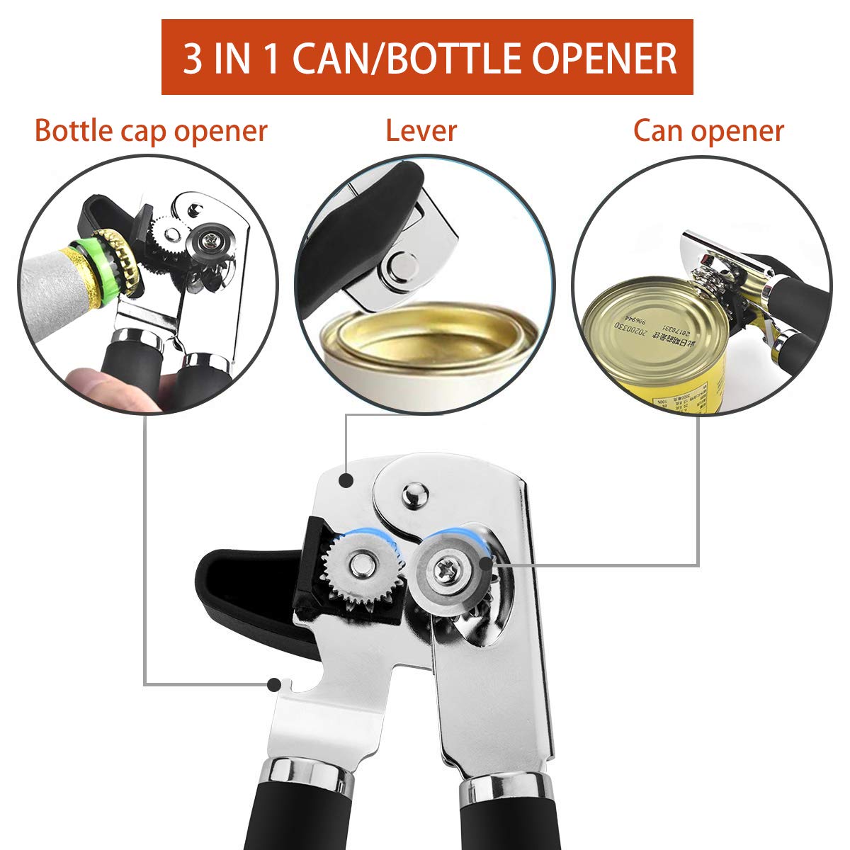 Hicook Can Opener Manual Can Opener Smooth Edge Can Openers for Seniors and Arthritis Heavy Duty With Ergonomic Handle Ultra Sharp Safe Ideal for Commercial Beer Bottle Opener