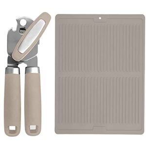 gorilla grip manual can opener and silicone dish drying mat, can opener includes built-in bottle opener, dish drying mat is 13x11 inch, both in almond color, 2 item bundle