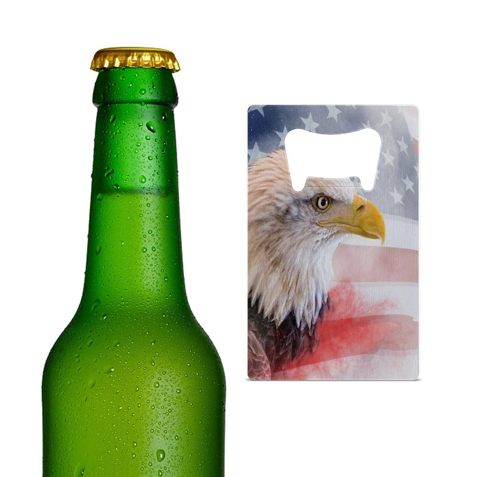 Bald Eagle with American Flag Stainless Steel Beer Bottle Opener Pop Can Soda Openers Gift for Dad Husband Him Credit Card Size