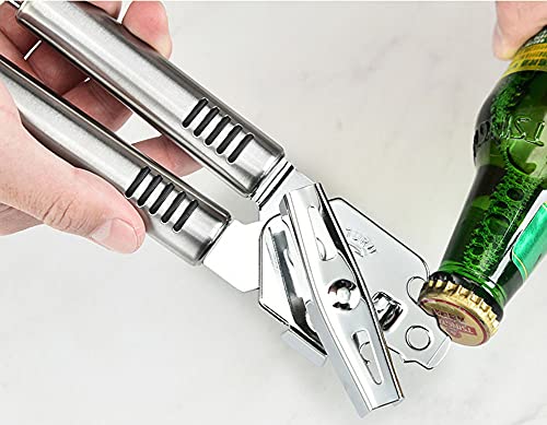 Can Opener, Kitchen Stainless Steel Heavy Duty Can Opener Manual Smooth Edge Durable Food Safe Cut 3-in-1 Tin Beer Jar Bottle Opener Hand Grip for Seniors with Arthritis Hands Friendly