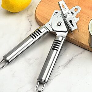 Can Opener, Kitchen Stainless Steel Heavy Duty Can Opener Manual Smooth Edge Durable Food Safe Cut 3-in-1 Tin Beer Jar Bottle Opener Hand Grip for Seniors with Arthritis Hands Friendly