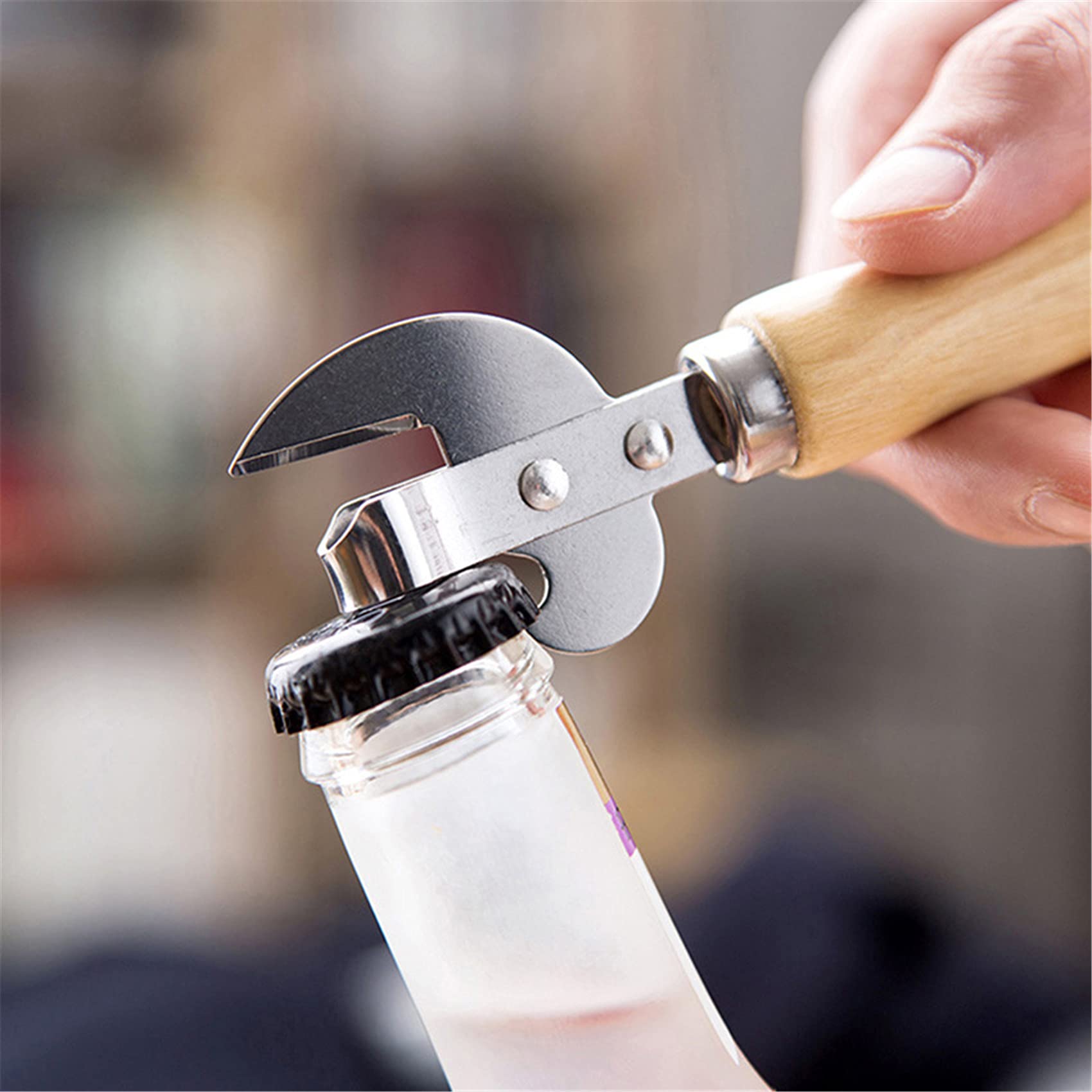 Mvude 2-in-1 Stainless Steel Corkscrew Wood Handle Manual Can Opener Tins Cans Kitchen Dinnerware Accessory, Silver