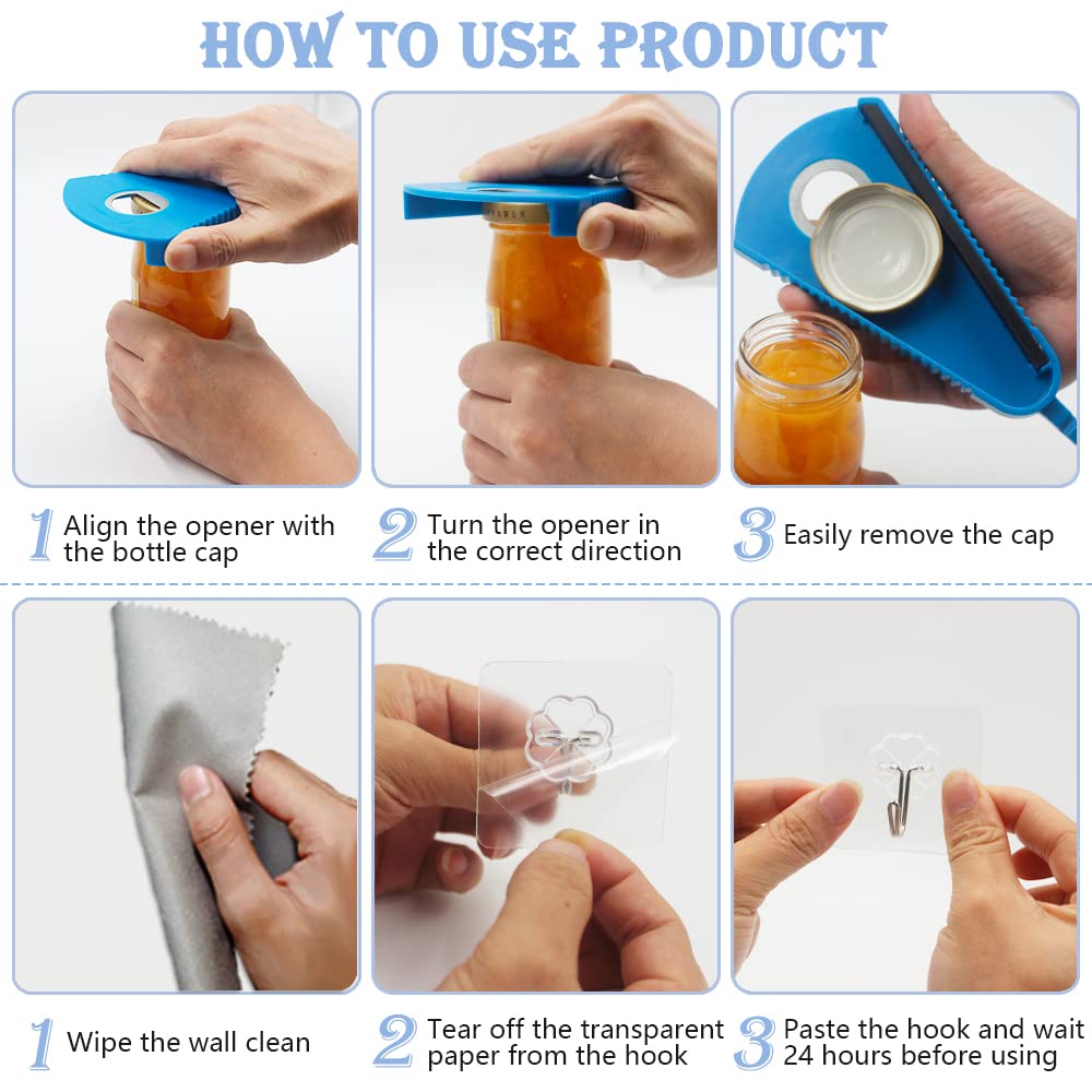 3in1 Bottle Opener for Twist-Off Type Caps - Opener for Water Bottles, Small Jars, Soda Bottles, Juice Bottles, Jar Opener, Beer Opener, Jam Opener with Adhesive Hooks for Weak and Arthritic Hands