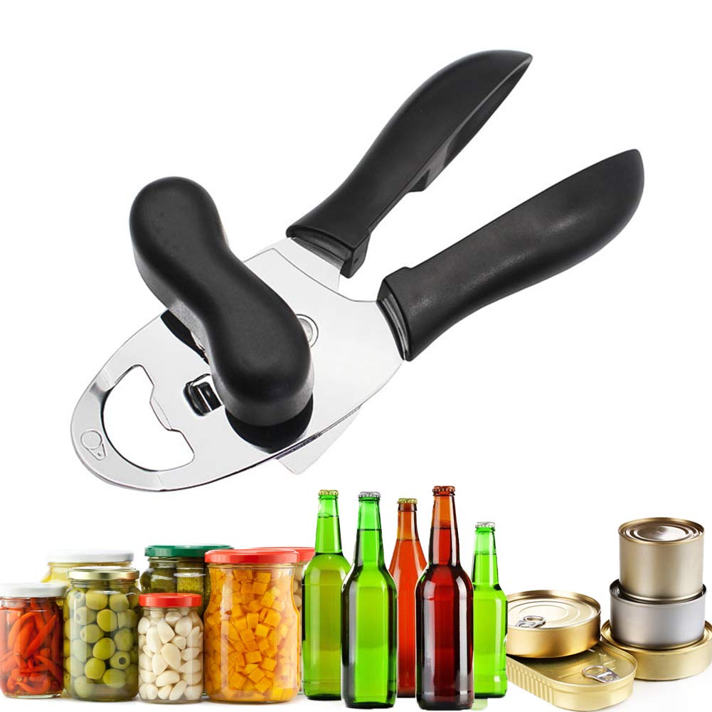 Can Opener Manual Handheld Duty Hand Can Opener Smooth Edge Comfortable Grip Safety Can Openers, Easy Turn Knob, Sharp Cutting Wheel, Built in Bottle Opener, Black