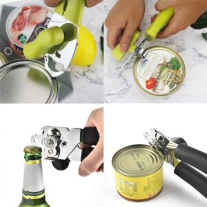 Can Opener Manual Handheld Duty Hand Can Opener Smooth Edge Comfortable Grip Safety Can Openers, Easy Turn Knob, Sharp Cutting Wheel, Built in Bottle Opener, Black