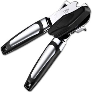 dandam manual can opener, tin cutter kitchen, no sharp edge, comfortable soft handle, easy to use turn knob, durable can opener, includes built in bottle opener, best can opener, black