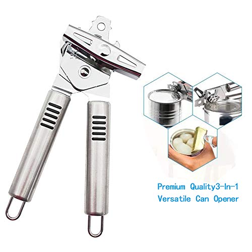 QOMJT Can Opener Manual,Classic Multifunction Can Opener,Food-Safe Stainless Steel, Smooth Edge for Elderly with Arthritis- (3-IN-1-Silver)