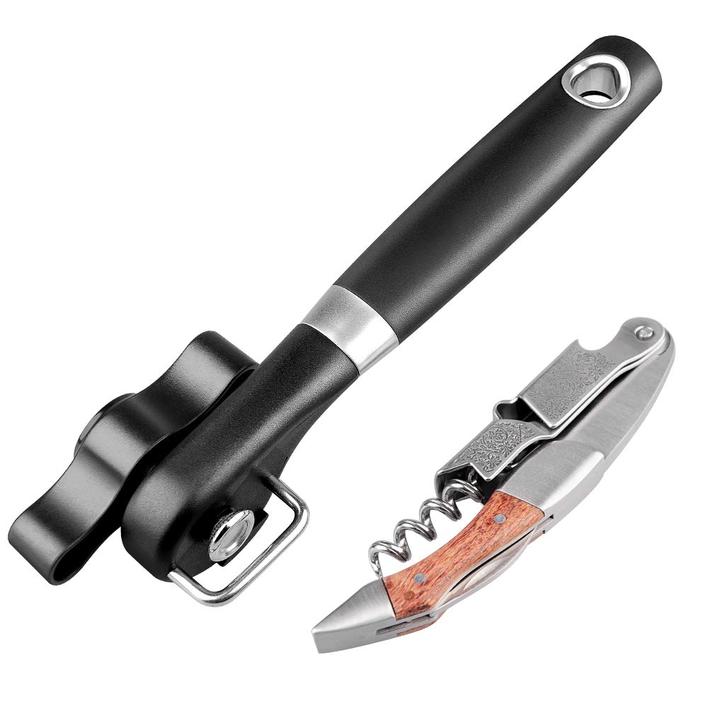 Can Opener，Safe Cut Manual Can Opener ，Ergonomic with Anti Slip Grip Handle，with Corkscrew Opener--Easy Turn Knob，Ideal for Seniors and Arthritis--Apply to Various cans