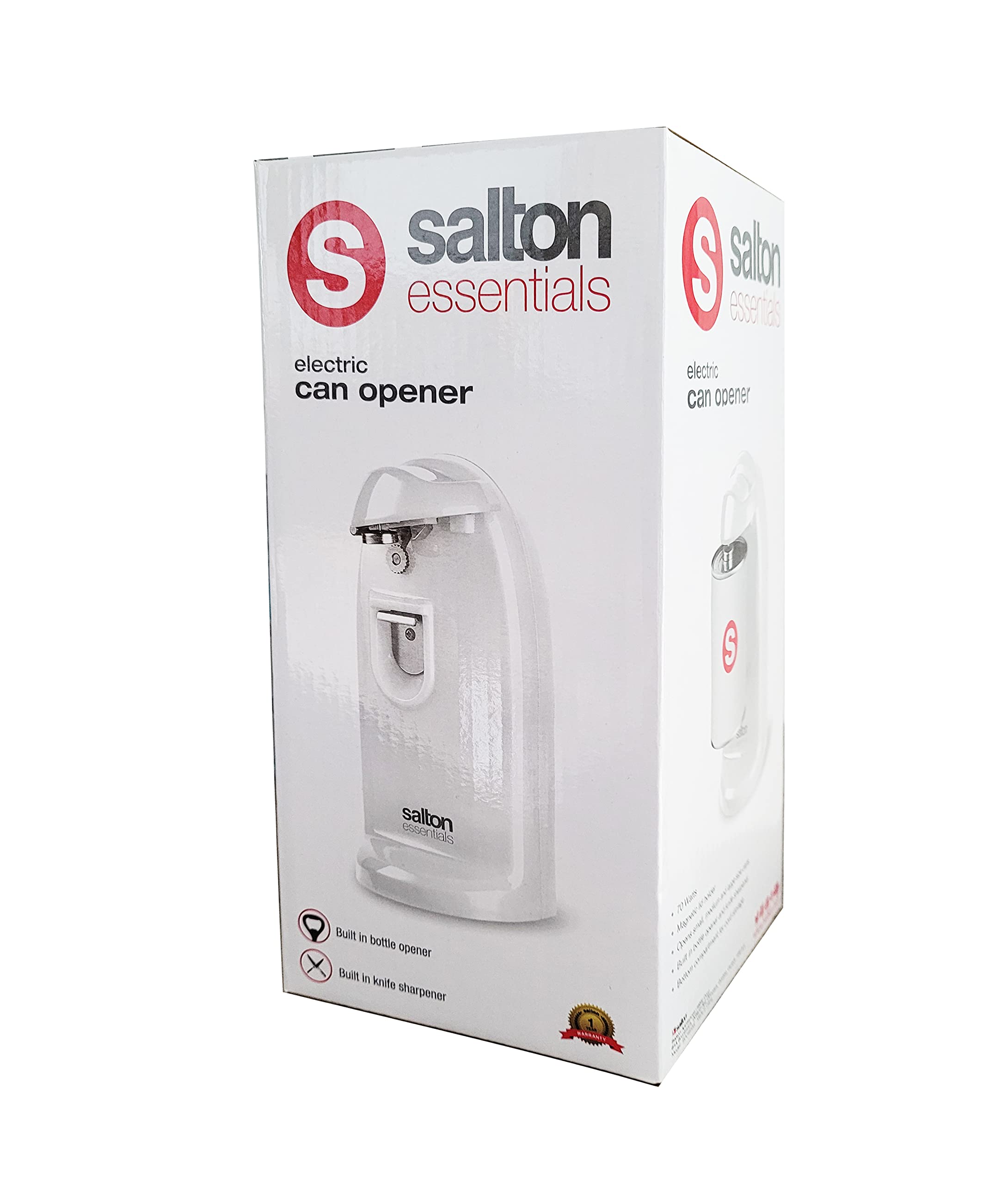 Salton Essentials - Electric Can Opener with Integrated Bottle Opener and Sharpener, White