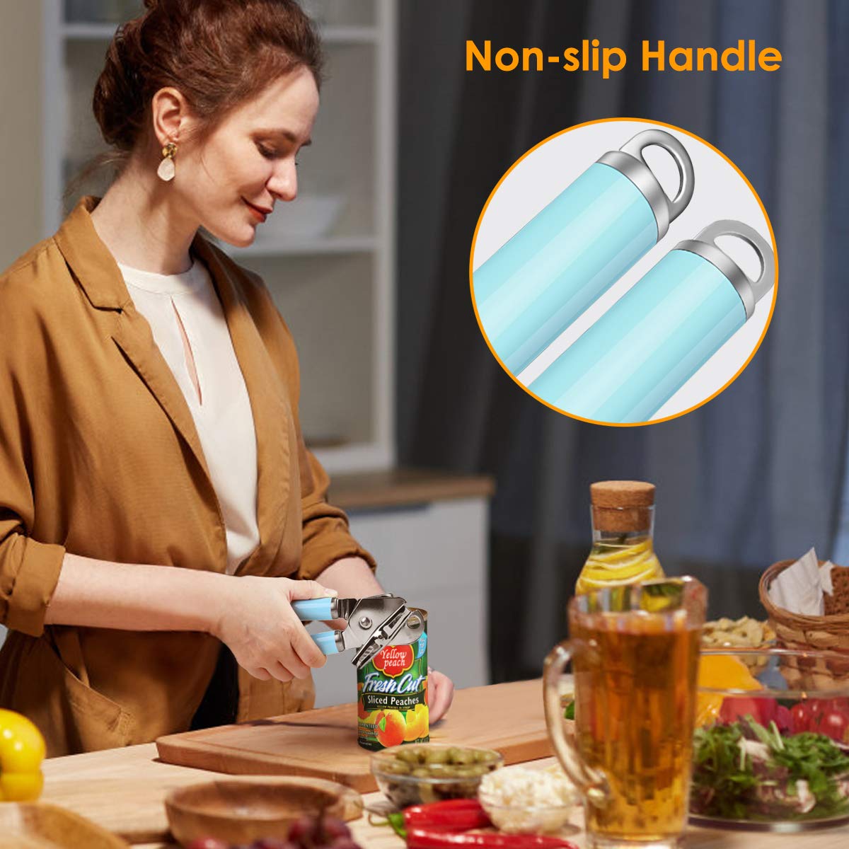 Manual Can Opener, FlyBanboo Upgraded 4 in 1 Multifunction Stainless Steel Heavy Duty Handheld Can Openers with Comfy Grip(sky blue)