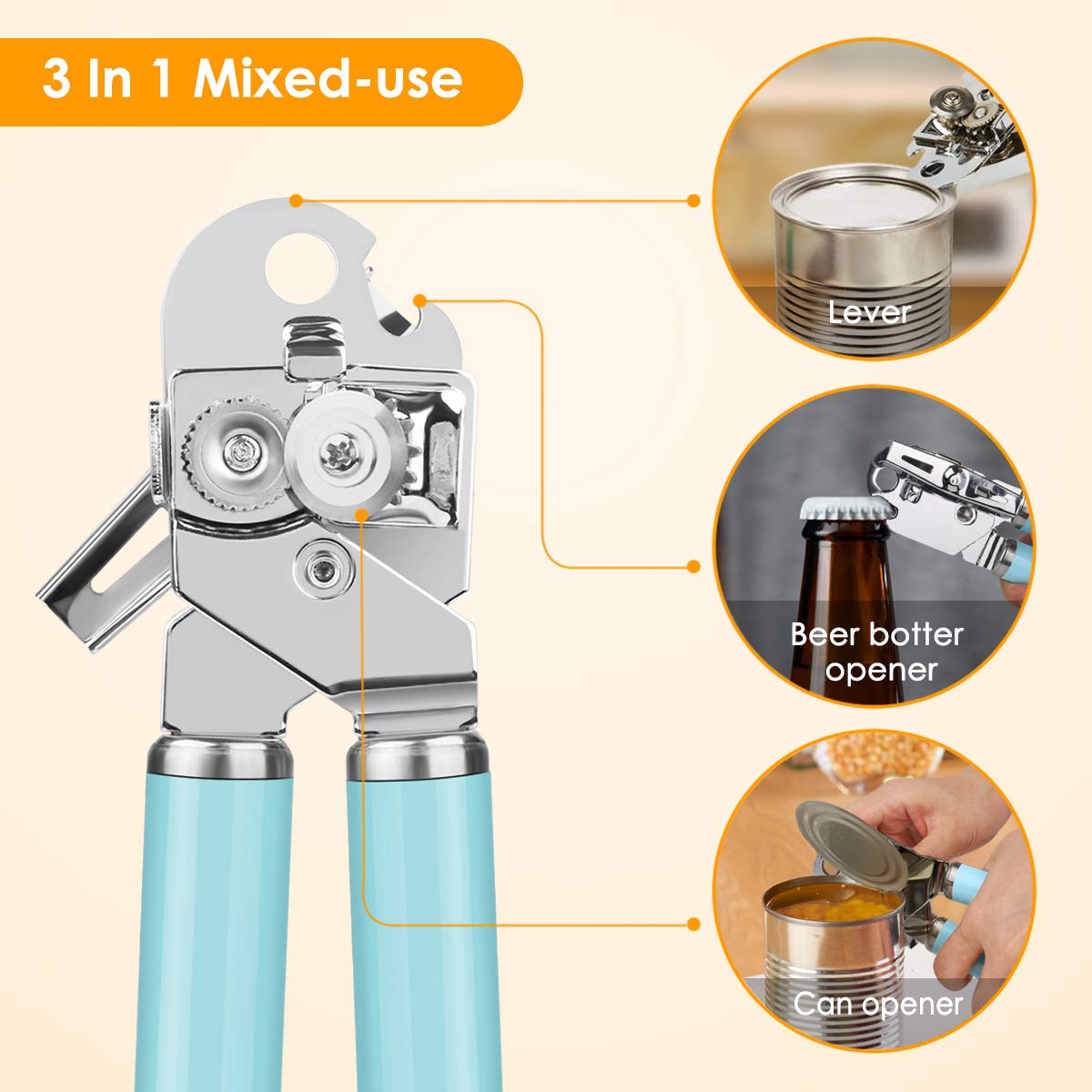 Manual Can Opener, FlyBanboo Upgraded 4 in 1 Multifunction Stainless Steel Heavy Duty Handheld Can Openers with Comfy Grip(sky blue)