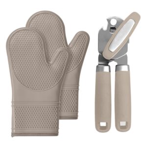gorilla grip silicone oven mitts and manual can opener, silicone oven mitts are 12.5 inch, can opener includes built in bottle opener, both in almond color, 2 item bundle