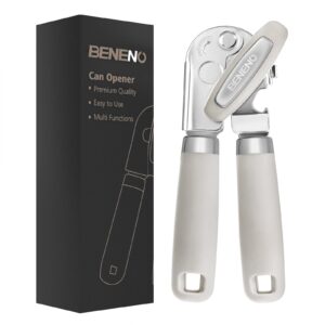 can opener manual, can opener with magnet, hand can opener with sharp blade smooth edge, handheld can openers with big effort-saving knob, can opener with multifunctional bottles opener, beige