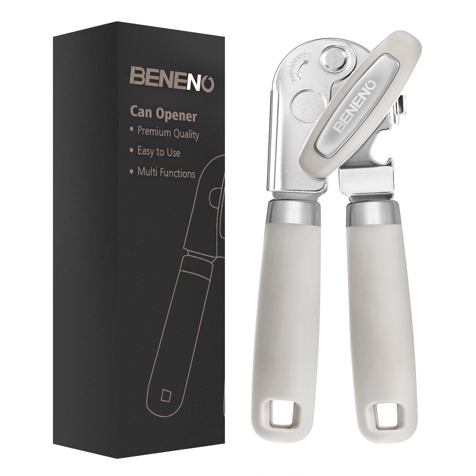 Can Opener Manual, Can Opener with Magnet, Hand Can Opener with Sharp Blade Smooth Edge, Handheld Can Openers with Big Effort-Saving Knob, Can Opener with Multifunctional Bottles Opener, Beige