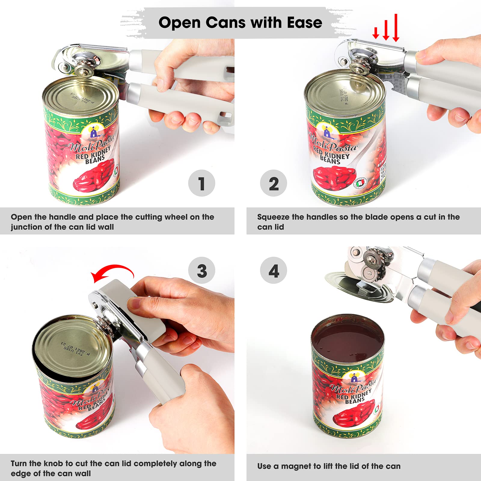 Can Opener Manual, Can Opener with Magnet, Hand Can Opener with Sharp Blade Smooth Edge, Handheld Can Openers with Big Effort-Saving Knob, Can Opener with Multifunctional Bottles Opener, Beige