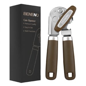 can opener manual, can opener with magnet, hand can opener with sharp blade smooth edge, handheld can openers with big effort-saving knob, can opener with multifunctional bottles opener, brown