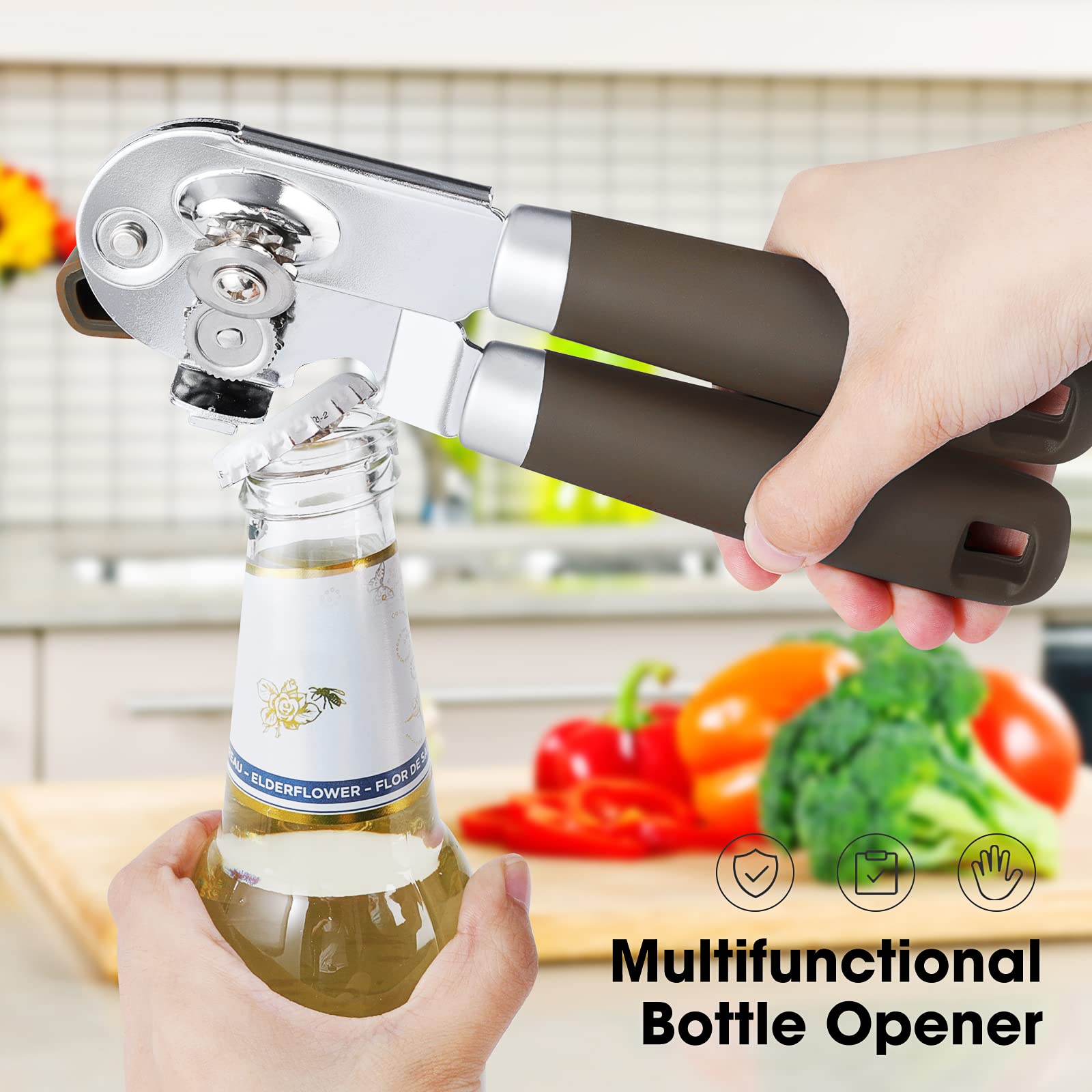 Can Opener Manual, Can Opener with Magnet, Hand Can Opener with Sharp Blade Smooth Edge, Handheld Can Openers with Big Effort-Saving Knob, Can Opener with Multifunctional Bottles Opener, Brown