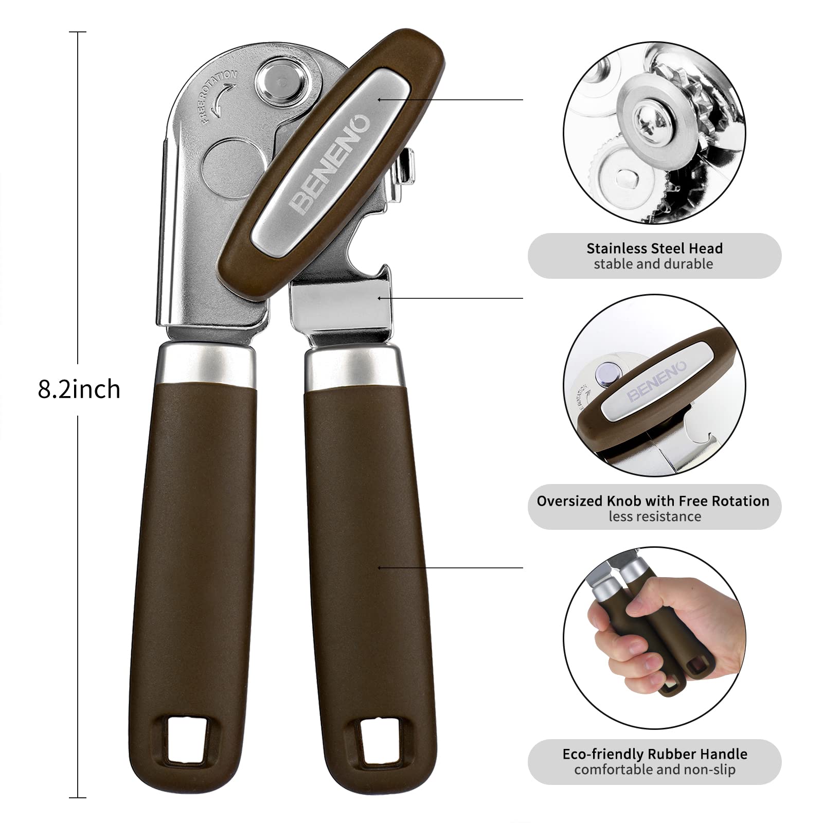 Can Opener Manual, Can Opener with Magnet, Hand Can Opener with Sharp Blade Smooth Edge, Handheld Can Openers with Big Effort-Saving Knob, Can Opener with Multifunctional Bottles Opener, Brown