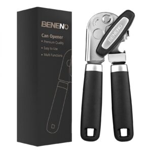 can opener manual, can opener with magnet, hand can opener with sharp blade smooth edge, handheld can openers with big effort-saving knob, can opener with multifunctional bottles opener, black