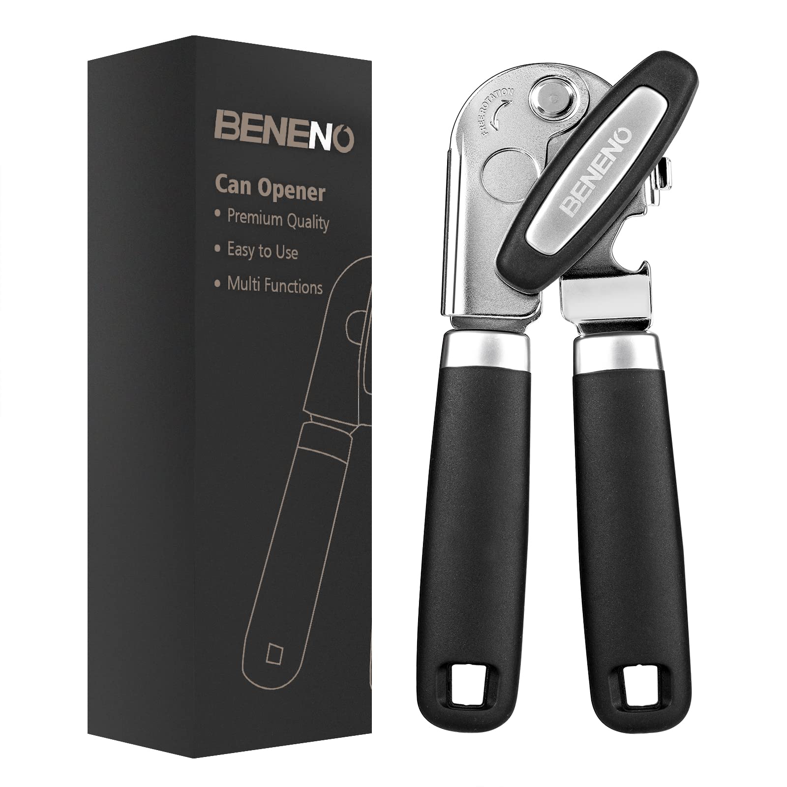 Can Opener Manual, Can Opener with Magnet, Hand Can Opener with Sharp Blade Smooth Edge, Handheld Can Openers with Big Effort-Saving Knob, Can Opener with Multifunctional Bottles Opener, Black